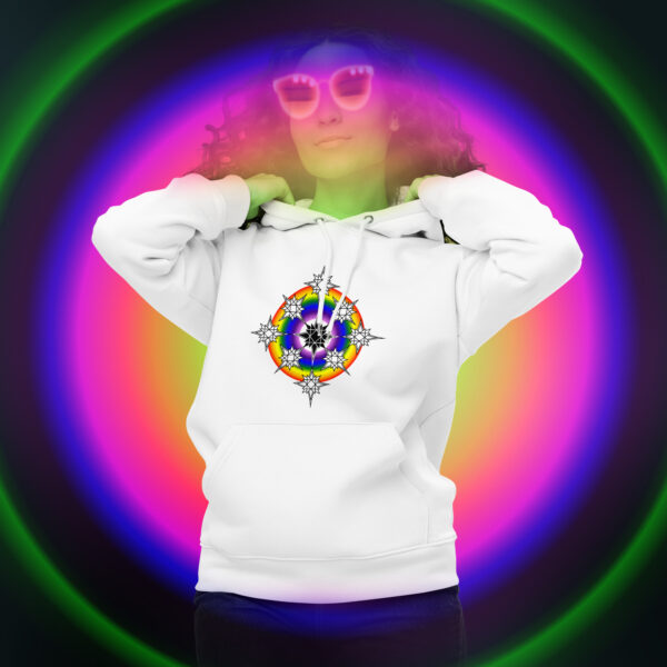 Portal of the Rainbow Star White Organic Cotton and Recycled Polyester Hoodie (Another Body Fit View) at Mysterious Studio