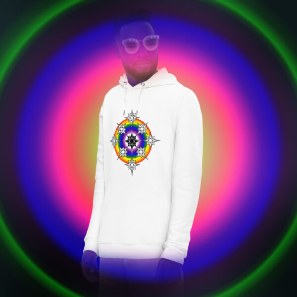 Portal of the Rainbow Star White Organic Cotton and Recycled Polyester Hoodie (Body Fit View) at Mysterious Studio