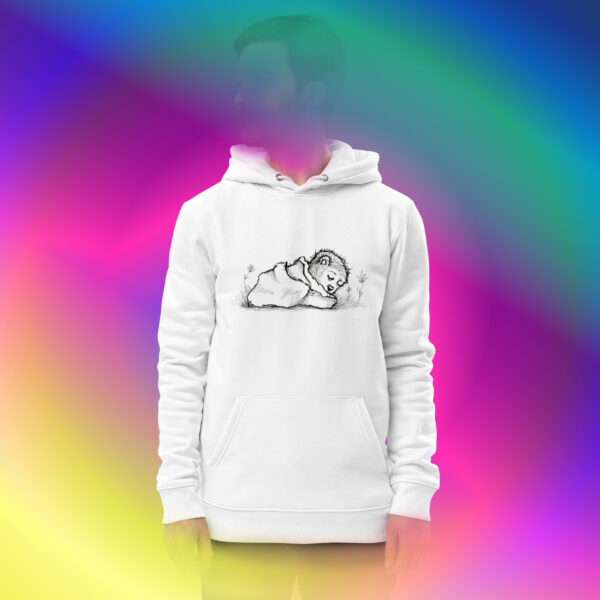Sleepy Bear White Organic Cotton and Recycled Polyester Hoodie (Body Fit View) at Mysterious Studio